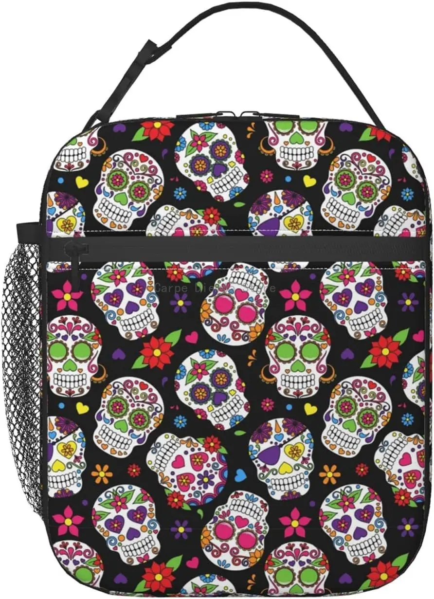 

Lunch Box Insulated Lunch Bag Tote Cooler Bag for Office Work, Skull Flowers Print