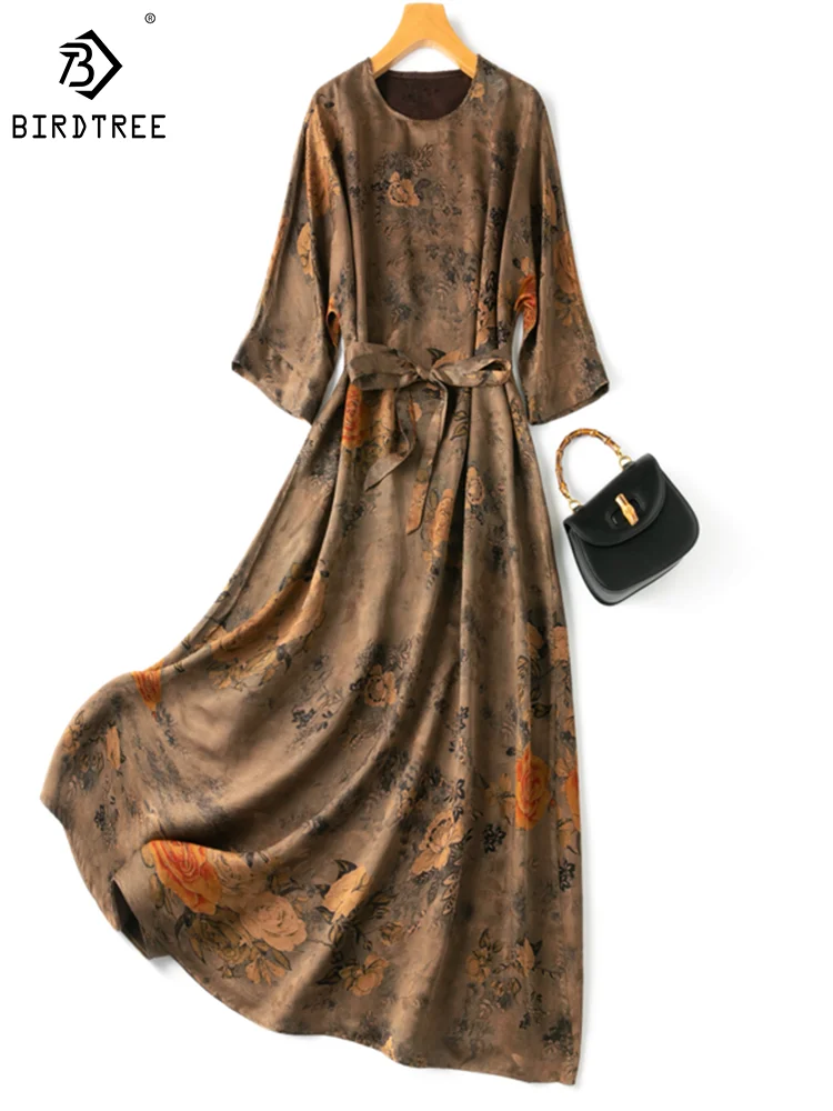 

Birdtree 100%Real Fragrant Cloud Yarn Silk Dress Women's Fashion Rare Handmade Embroidery Flower Blossom Maxi Dress D36606QM