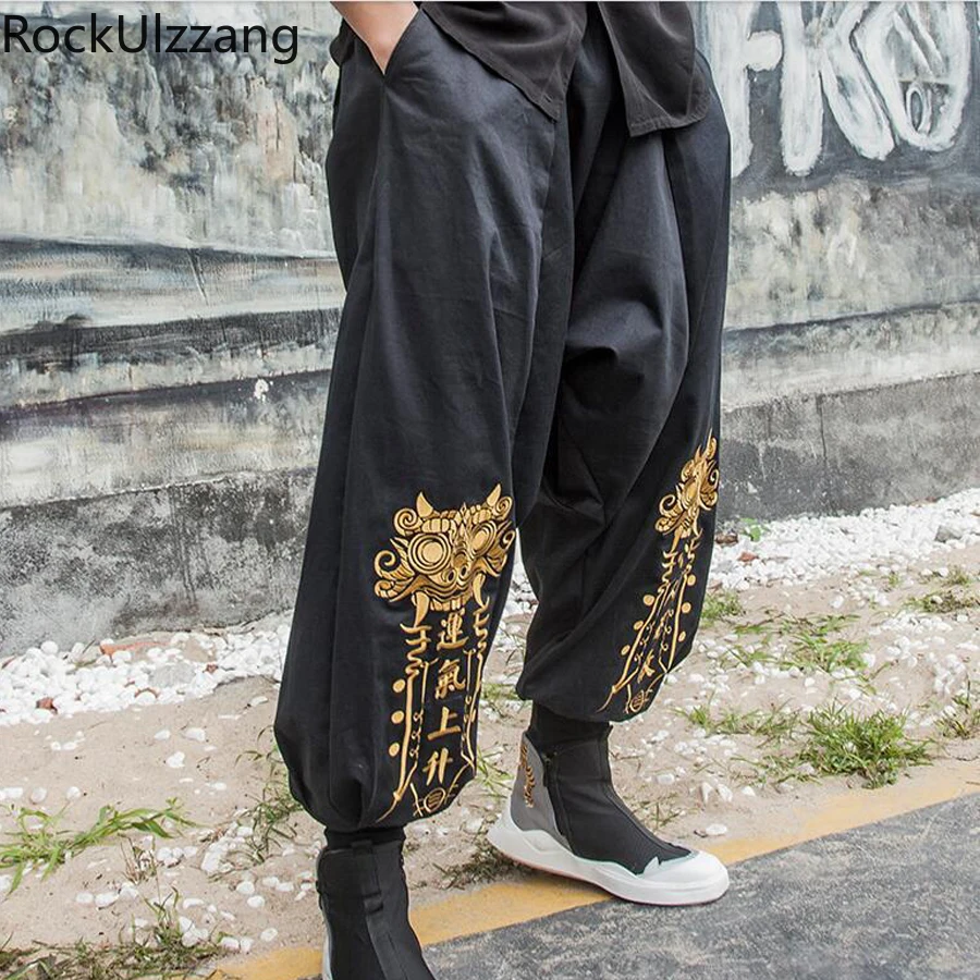 

Embroidery Pocket Black Jogger Pant Women Man Hiphop Cross Baggy Drop Crotch Elastic Waist Goth Streetwear Harajuku Trouser Punk