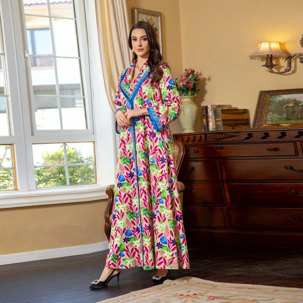Уни Рамадан мусульманские женские платья с цветочным принтом и лентой отделкой