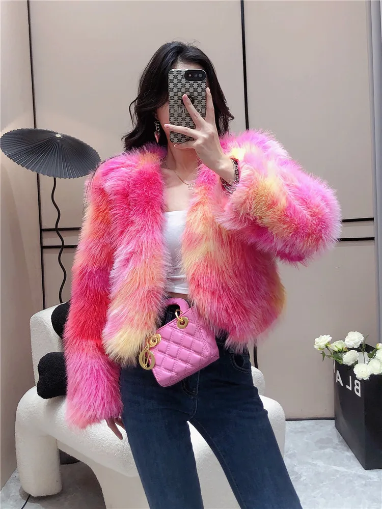 

Women's Sweet Colorful Faux Fur Coat Anutumn Winter High Street Long Sleeve Open Stitch Short Fuzzy Outwear Cute Hairy Jacket