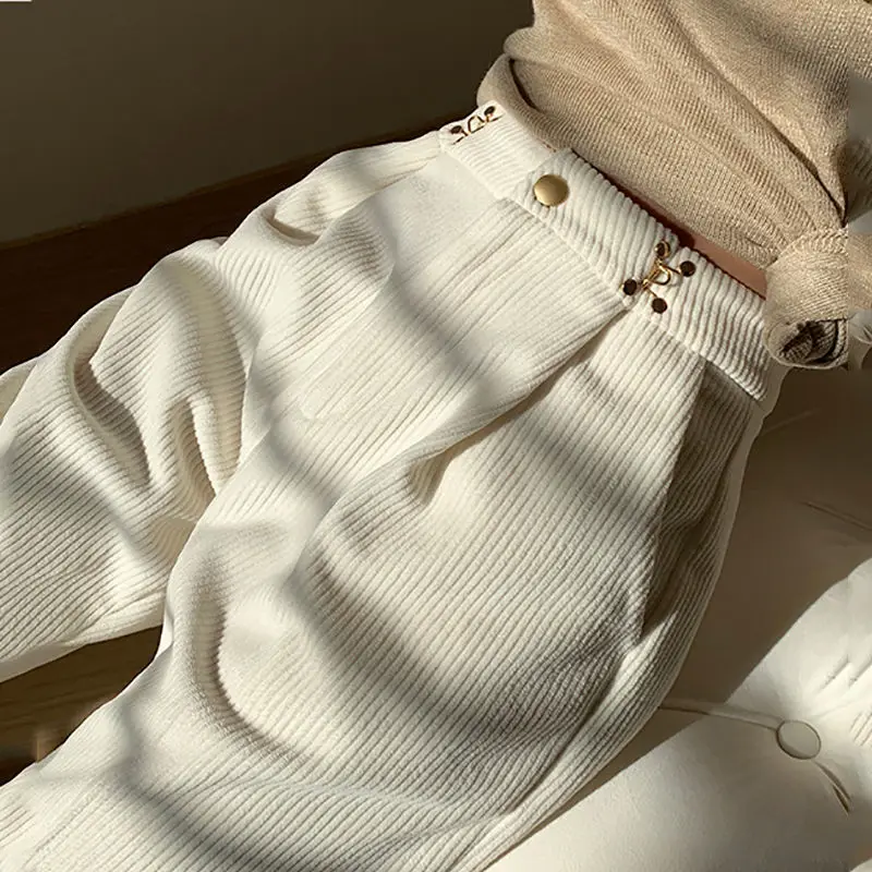 

Spring Winter Thick Cargo Pants Women Warm Corduroy High Waist Loose Wide Leg Trousers Female Casual Pockets Straight Long Pant