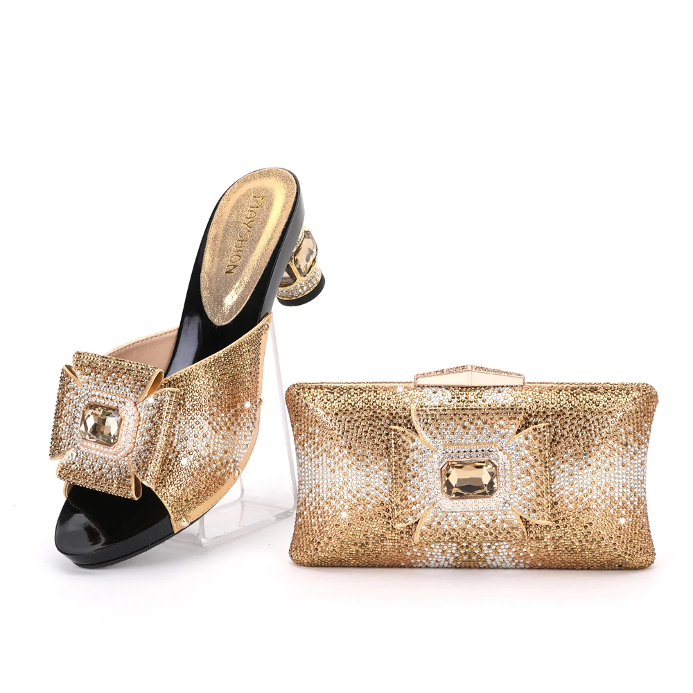 

New Year Slippers Rhinestone Banquet Wedding Summer Crystal Africa Nigeria Italian Shoe and Bag Set for Party In Women Shoes
