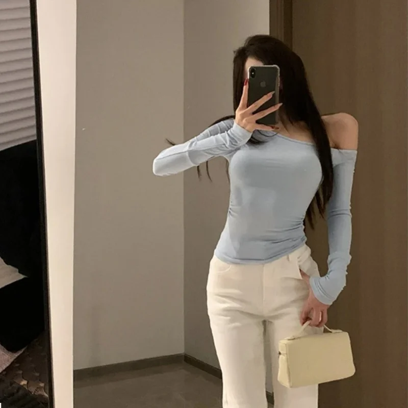 Pure Desire Gyaru Chic Hot Drilling Sloping Shoulder Long sleeves Shirt Women Autumn New Slim fit Slimming Inner wear Bottomi...