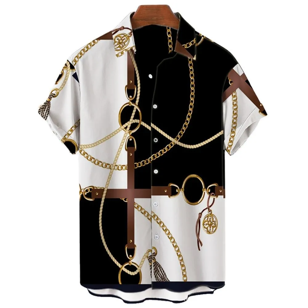 

3D Gold Chain Printed Shirt Men's Hawaiian Shirt Summer Street Dress Button Short Sleeve Harajuku Lapel Shirt Beach Top