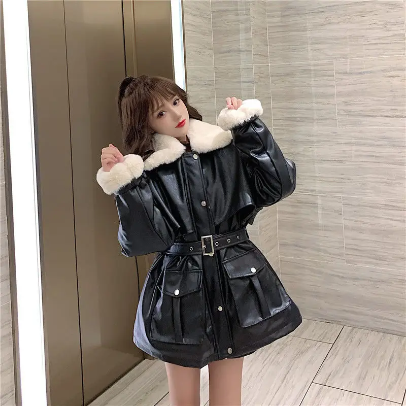 Winter Coats Women Thickness Faux Leather Fur Sheepskin Female Fur Leather Jacket Aviator Outwear Casaco Feminino Loose V53