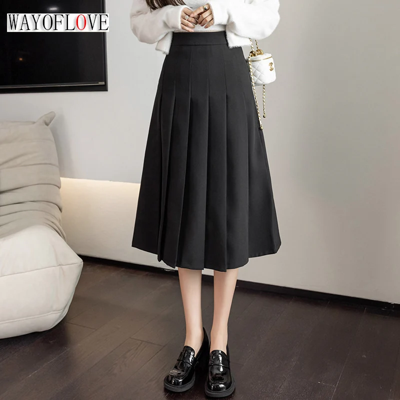 

WAYOFLOVE Ladies All Season Pleated Mid Skirts Black High Waist Solid Office Casual Skirt Women Elegant Slim Vintage Skirt Woman