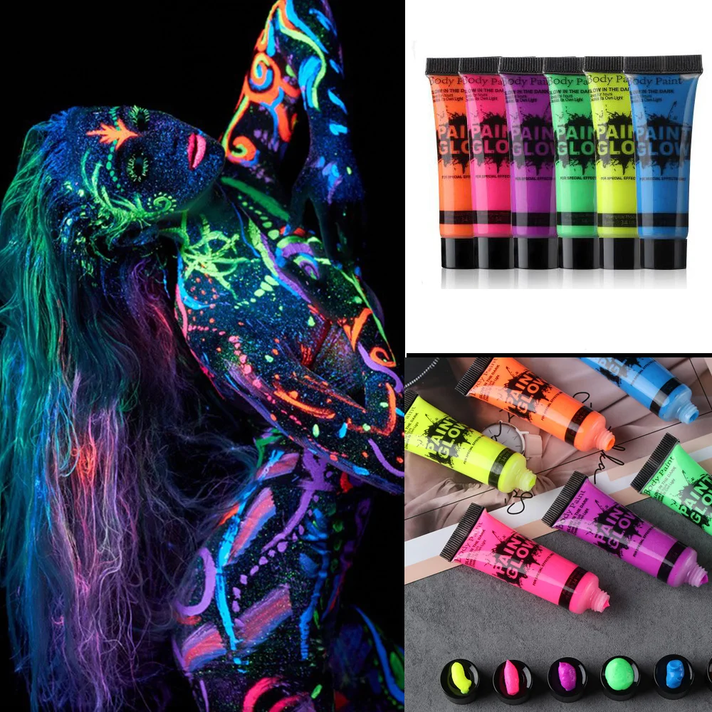 6 Colors Body Art Paint Neon Fluorescent Party Festival Halloween Cosplay Makeup Kids Face Paint UV Glow Painting Beauty Tools