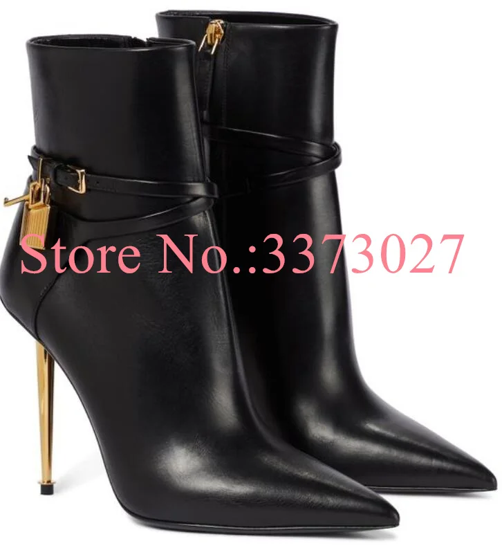 

Пикантные черные кожаные ботильоны с пряжкой и металлическим каблуком, женские короткие ботинки с острым носком, модные женские ботинки большого размера