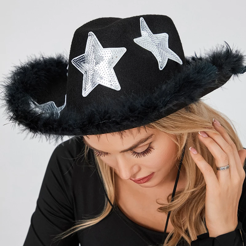 

Women's Star Black Raw Brim Cowboy Hat Soft Wide Brim Sequin Star Feather Cowgirl Western Hat for Club Party