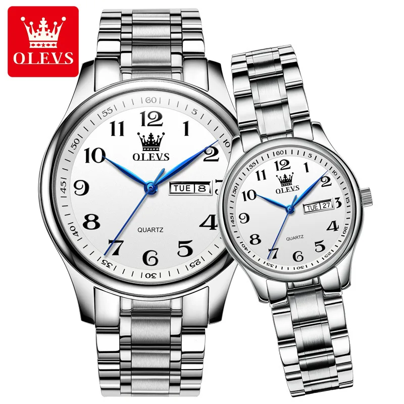 OLEVS Top Brand Couple Quartz Watch Waterproof Stainless Steel Wristwatch Fashion Calendar Week Lover Wristwatch for Men Women