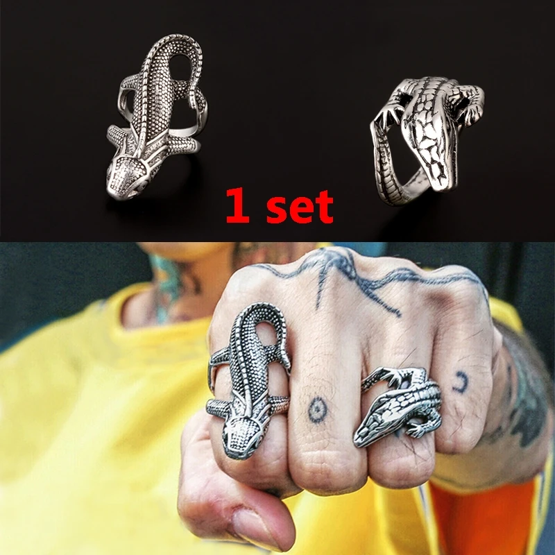 

2pcs/set Mens Ring Punk Stainless Steel Lizard Crocodile Personality Hip Hop Street Influx Jewelry for Men Rings Set for Men