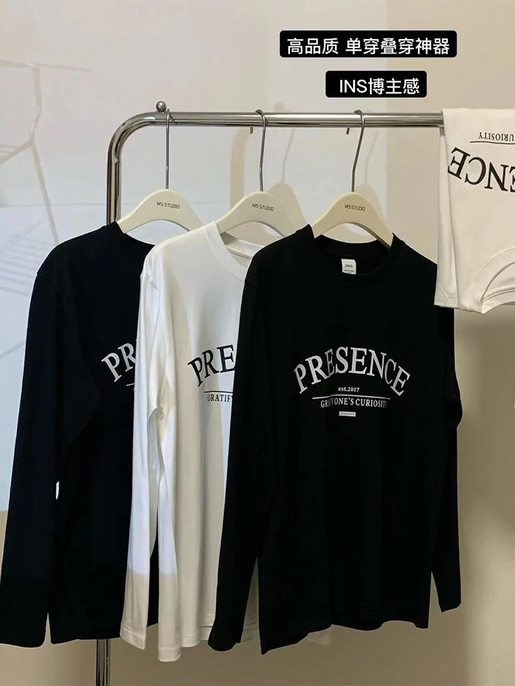 

Винтажная женская футболка в американском стиле с принтом букв, мешковатая футболка с круглым вырезом и длинным рукавом, новинка сезона осе...