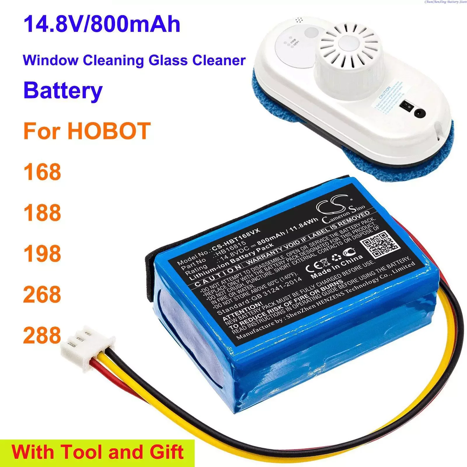 

NEW2023 Cameron Sino 800mAh Glass Cleaning Robot Battery HB16815 for HOBOT 168, 188, 198, 268, 288 with replace tool