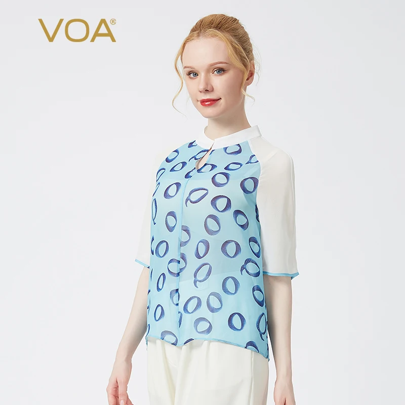 

VOA Georgette Silk Letter Print T-Shirts Half Open Collar Graphic T Shirts Office Ladies Raglan Half Sleeves Summer Tops BE89