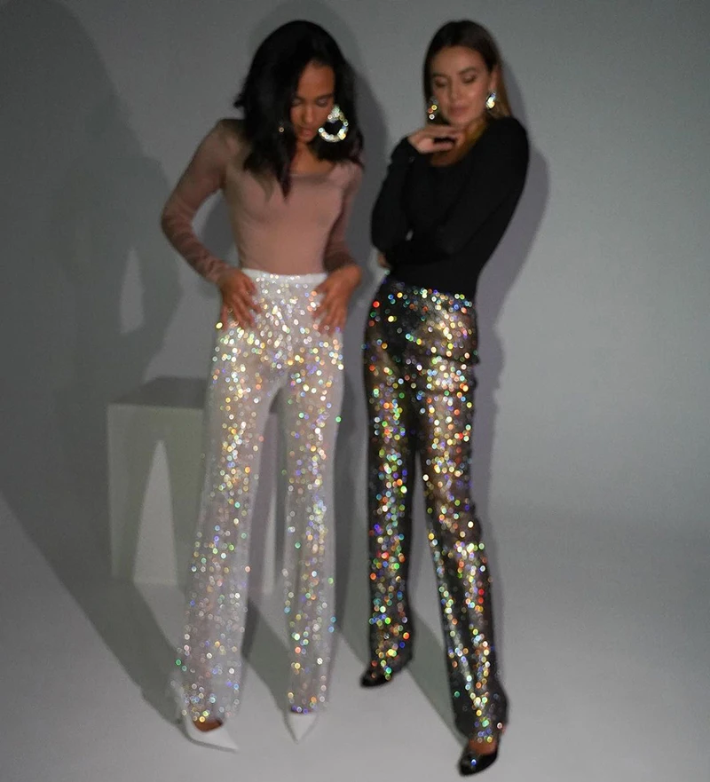 Women's Fashion Trendy Crystal Diamond Shiny Female Pants  Rhinestone Sexy Fluorescent Hollow Out Fishnet Wide Legged Pants