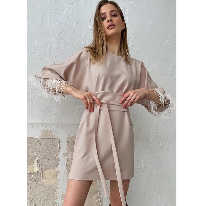 

3 Colors Women Half Short Batwing Sleeve Leather Solid T-shirt Causal Formal Elegant Party Long Mini Dress with Belt