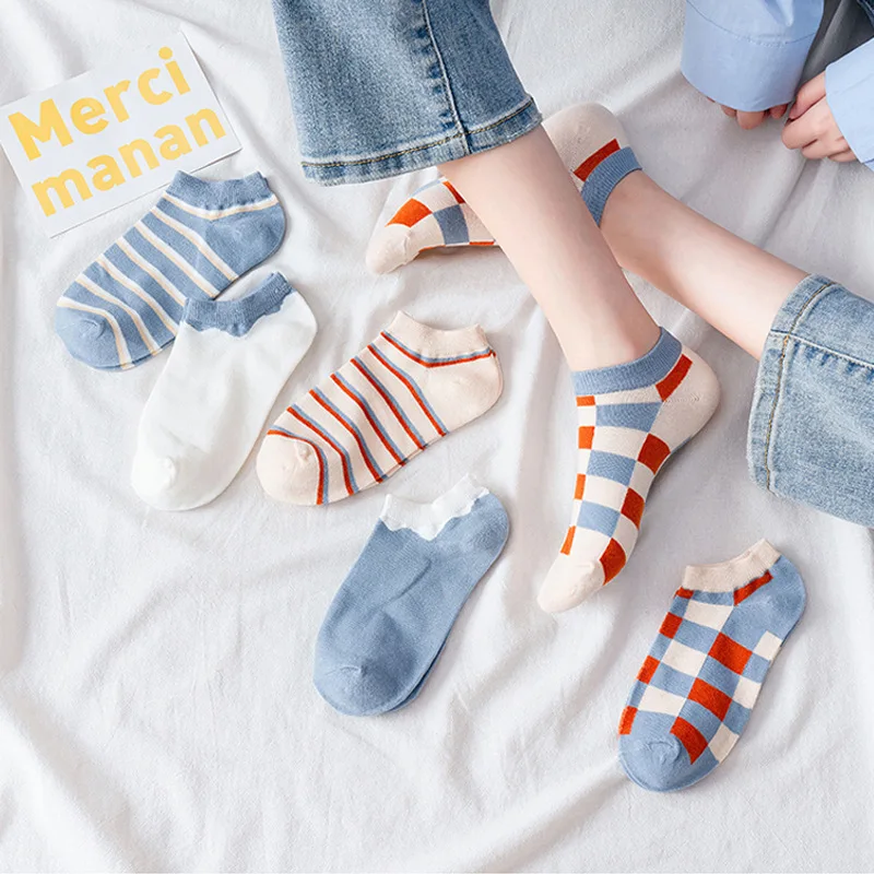 

6 Pairs/lot Summer Thin Ankle Socks Striped Cotton Socks Low Cut Cute Students Soft Blue Plaid Socks