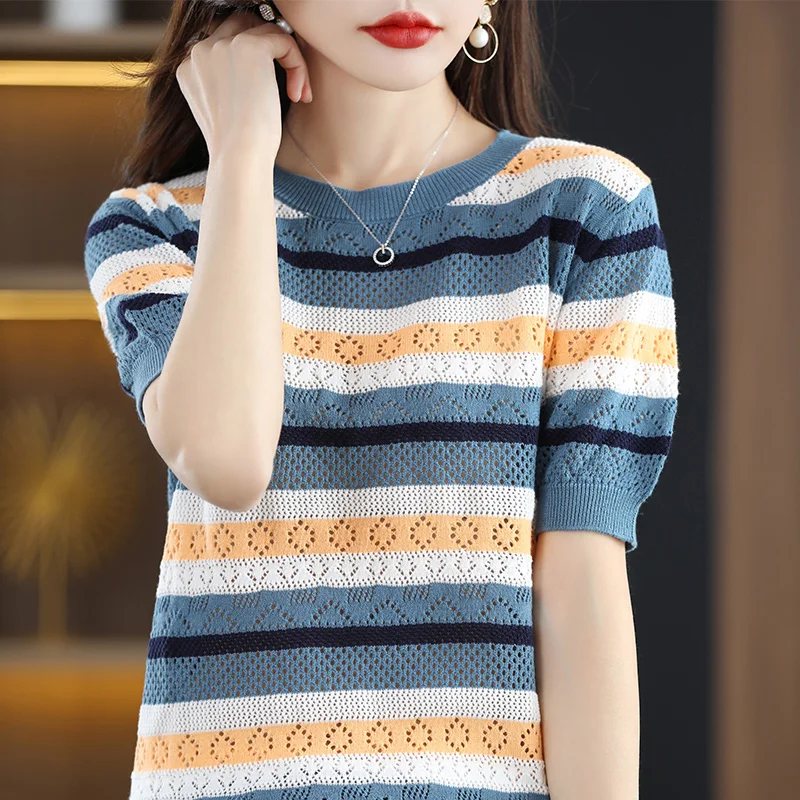100% Cotton T-Shirt Summer New O Neck Hollow Knit Women's Short Sleeve Sweater Thin Pullover Ladies Top promotion |