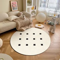 Modern Black And White Carpet Minimalist Grid Round Sofa Area Rug For Living Room Decor Bedroom Dresser Rug High-End Loop Velvet