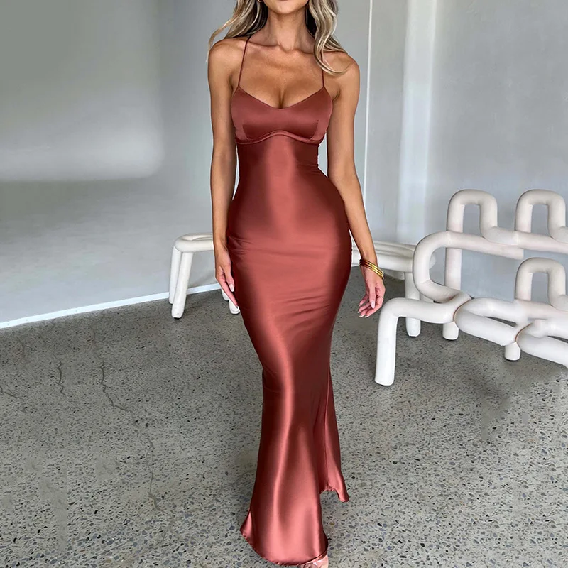 

2023 Summer Women Sexy Spaghetti Strap Black Skims Long Dress Y2K Sleeveless Solid Skinny Bodycon Trumpet Maxi Dresses