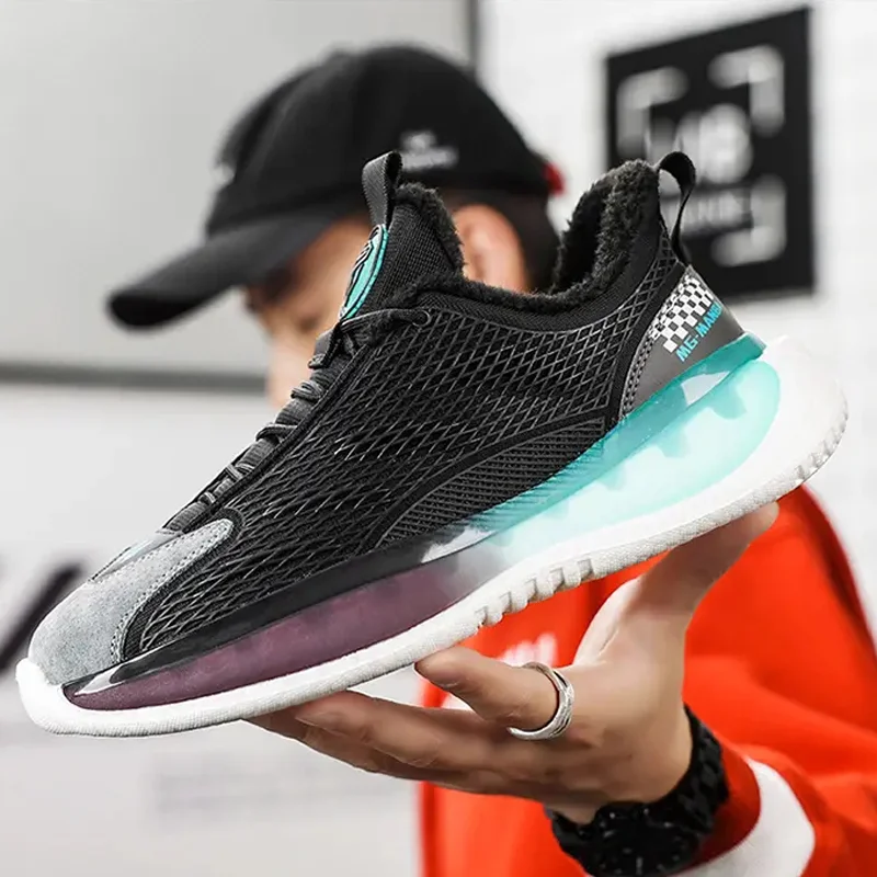 Trendy Men Shoes Plus Velvet Thickened Mesh Breathable Running Shoes Outdoor Comfortable Lightweight Non-slip Warm Sports Shoes