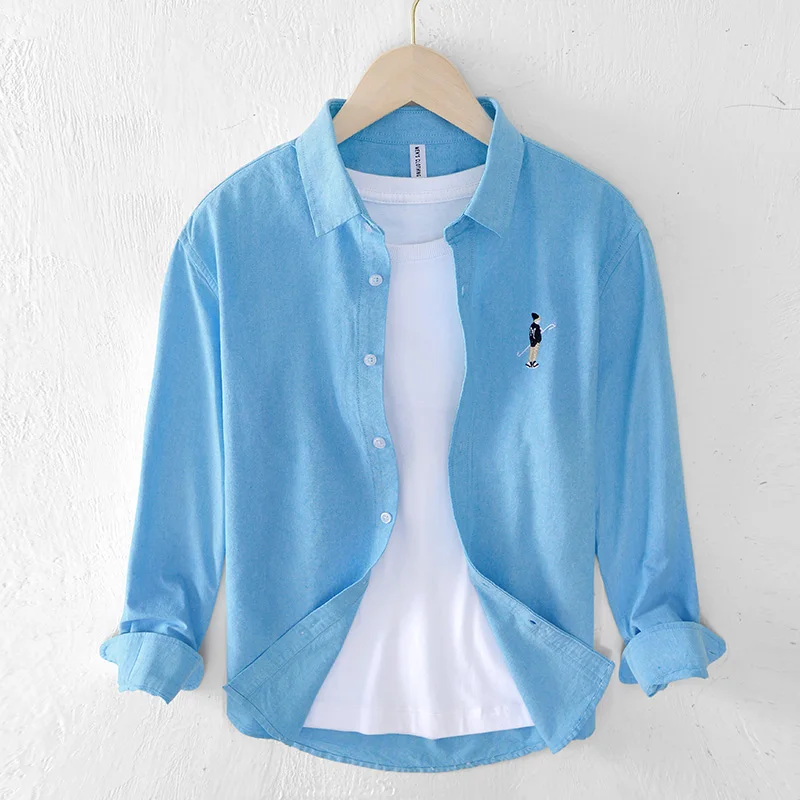 

Character Embroidery Long Sleeve Shirts for Men Pure Cotton Turn-down Collar Fashion Casual Shirt Mens Vintage Clothing