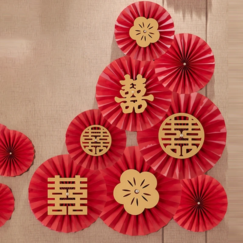 

Chinese Style Red Wedding Fan Flower Hanging Paper Crafts Pompom Bedroom Living Room Wall Decor Origami Fan DIY Party Supplies