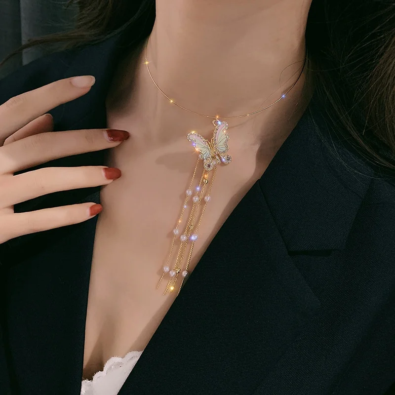 

2023 New Trendy Zircon Pearl Long Tassel Earrings Butterfly Pendant Collar Necklace Rings for Women Summer Travel Jewelry