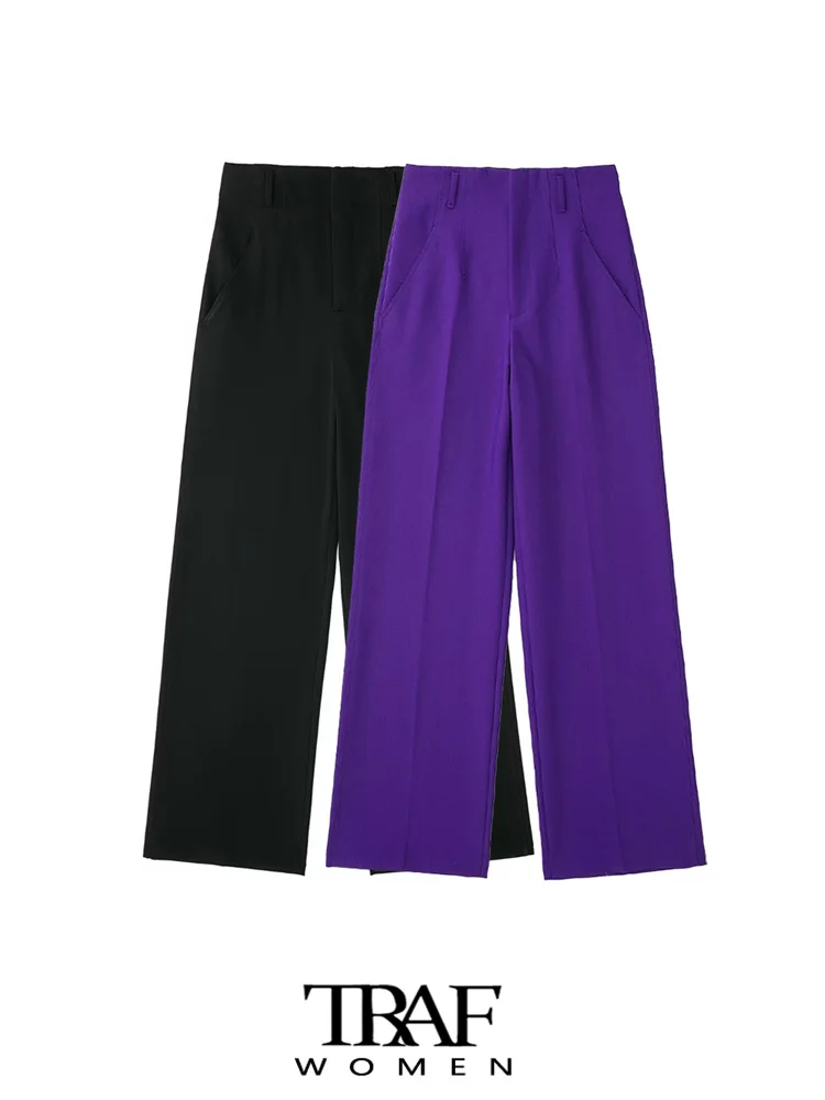 

TRAF Women Fashion Side Pockets Straight Pants Vintage High Waist Zipper Fly Female Trousers Mujer