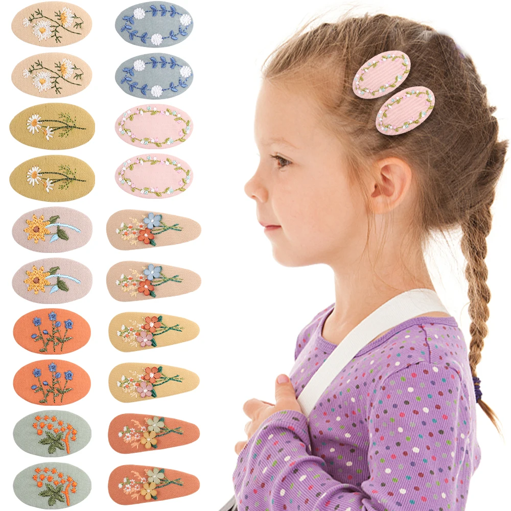 

2Pcs Korea Fashion BB Clip Sweet Girl Floral Fabric Oval Barrettes Cute Embroidery Flower Hairpin Kids Headwear Hair Accessories
