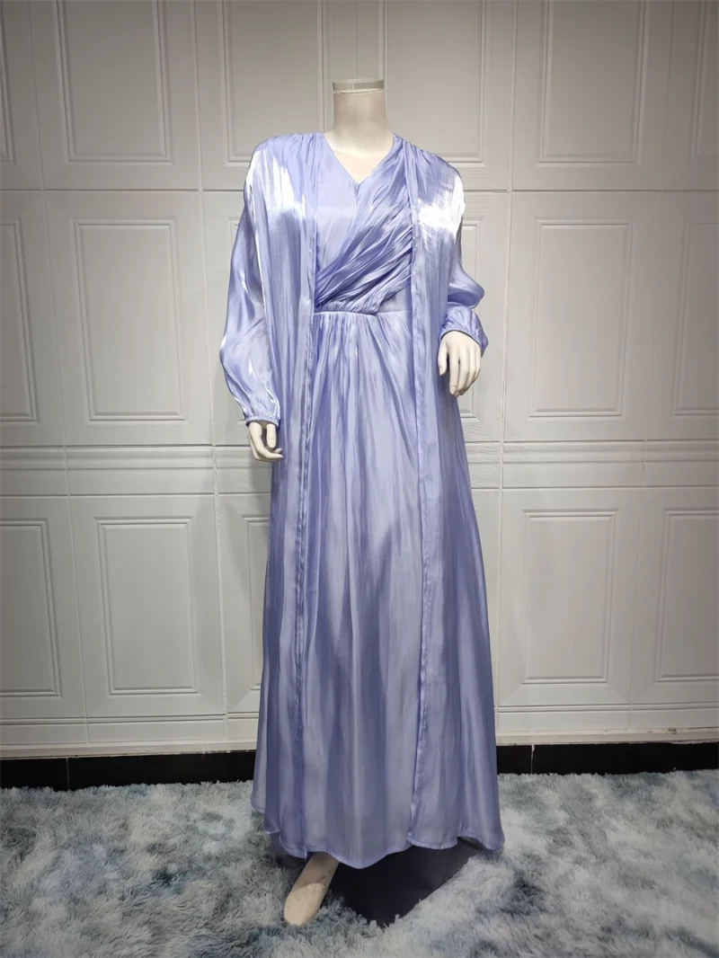 Fashion Muslim Two Pieces Abaya Dress Set Chic Bright Silk Soft Satin Dubai Turkey Arab Wrap Robe Corban Eid Al Adha
