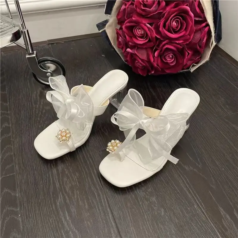 

2022 Summer New Korean Version of Women Shoes Temperament Elegant Satin Bow Open Toe High Heel Bottom Fashion Sandals Women