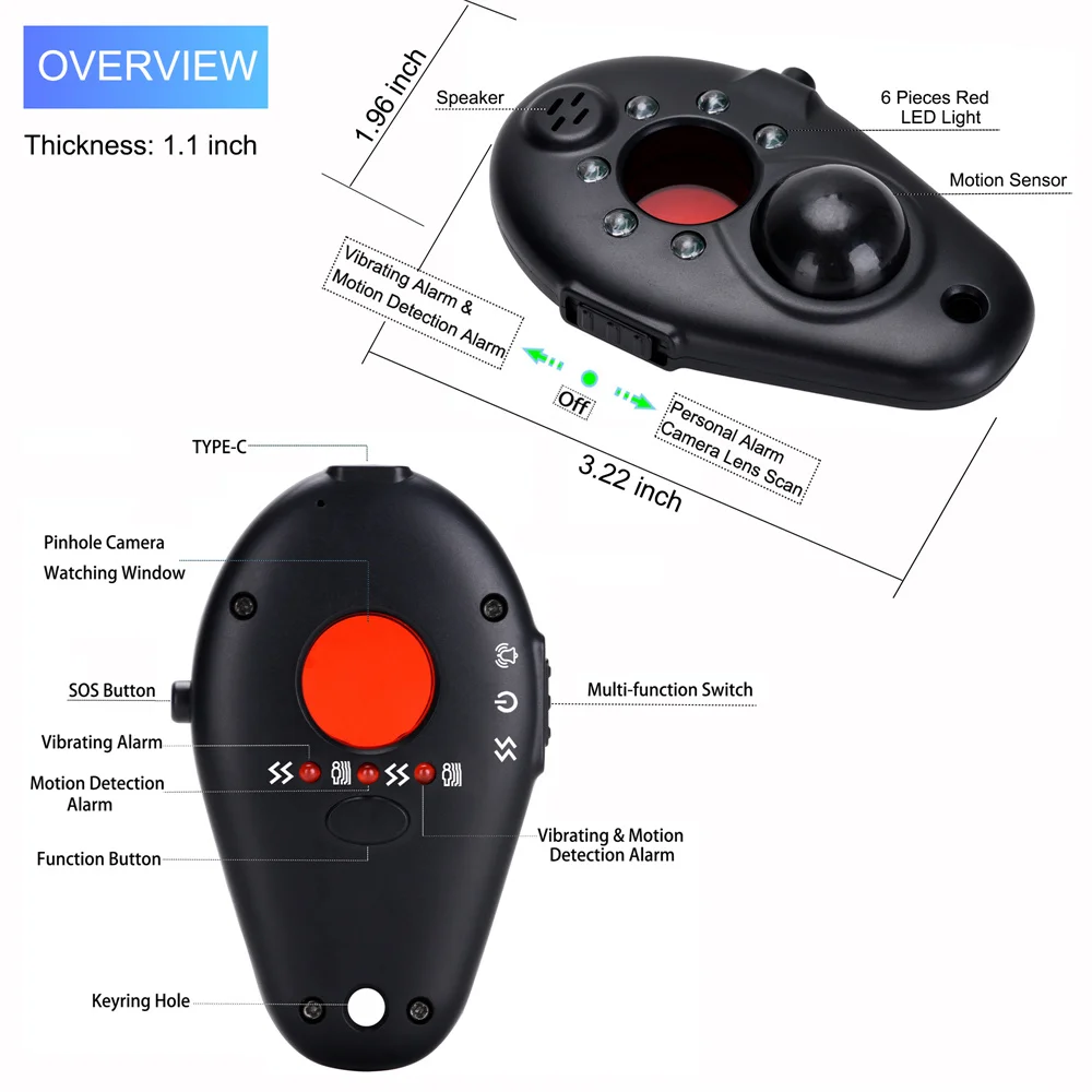 portable hotel anti spy hidden camera detector infrared vibration sound light alarm detector anti monitoring signal detection free global shipping