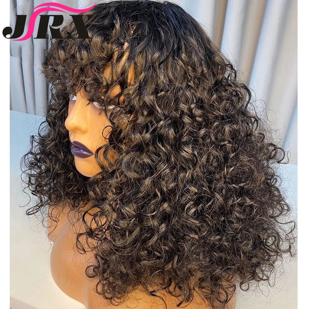 Curly Bob Human Hair Wigs with Bangs Kinky Curly Full Machine Made Wigs for Women Brazilian Remy Hair Wigs Fringe Sassy Curl Wig