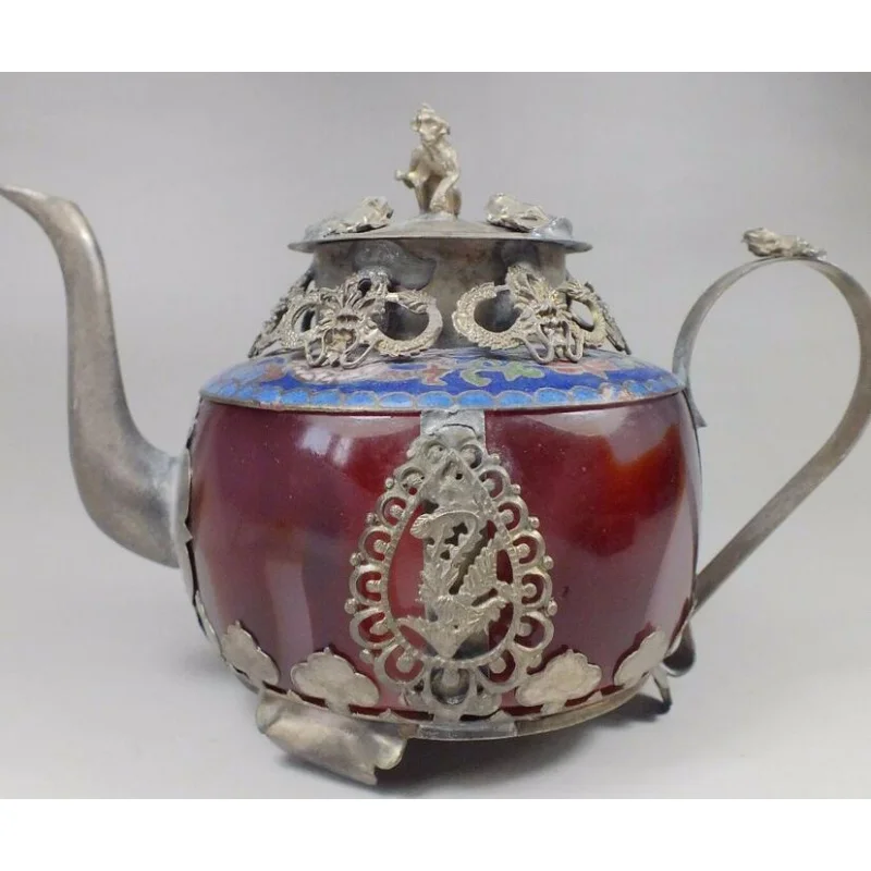 

Chinese old red jade handwork inlay tibet-silver dragon teapot Arts and Crafts