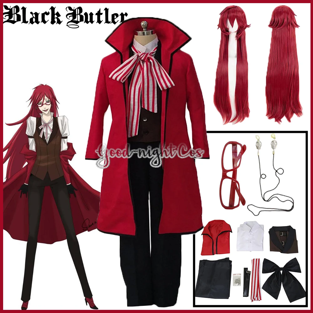 

Парик для косплея черного Батлера из аниме «Death Shinigami» грелла сутскафа, костюм Красной униформы + очки, полный комплект на заказ для Хэллоуина