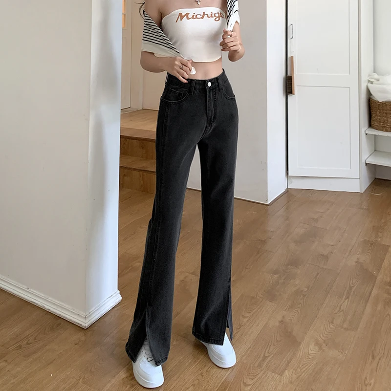 

Summer High Waist Slightly Slit Boot Cut Solid Black Women Jeans Slim Fit Wide Leg Trousers Female Y2k Denim Long Flare Pants