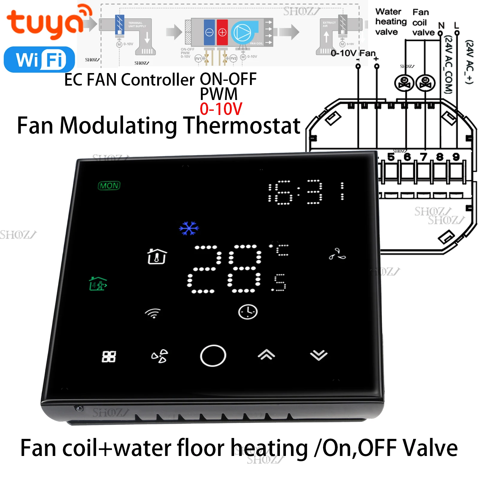 Фото Контроллер TUYA WiFi Smart EC 0-10V/PWM - Программируемый термостат для вентиляторных доводчиков (FCU) дом/офис - Система кондиционирования воздуха HVAC №1