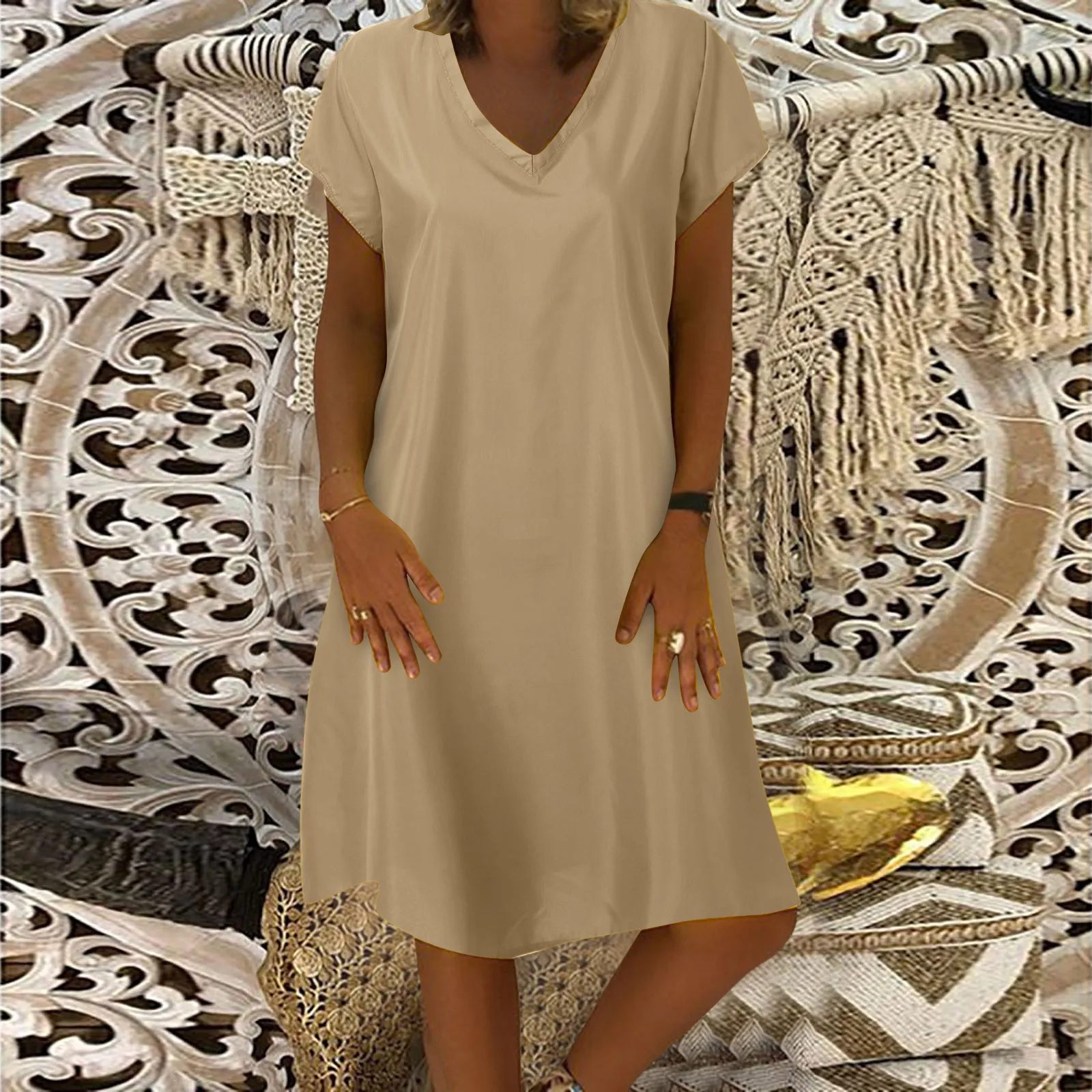 

Женское модное однотонное платье с коротким рукавом и V-образным вырезом, платье средней длины, женские платья, красные официальные платья