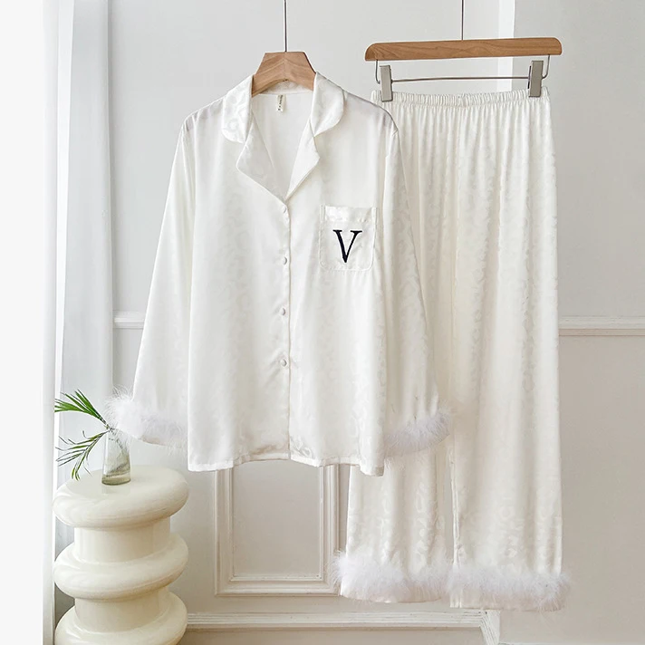 Роскошный пижамный костюм с длинными рукавами и перьями брючный свадебная