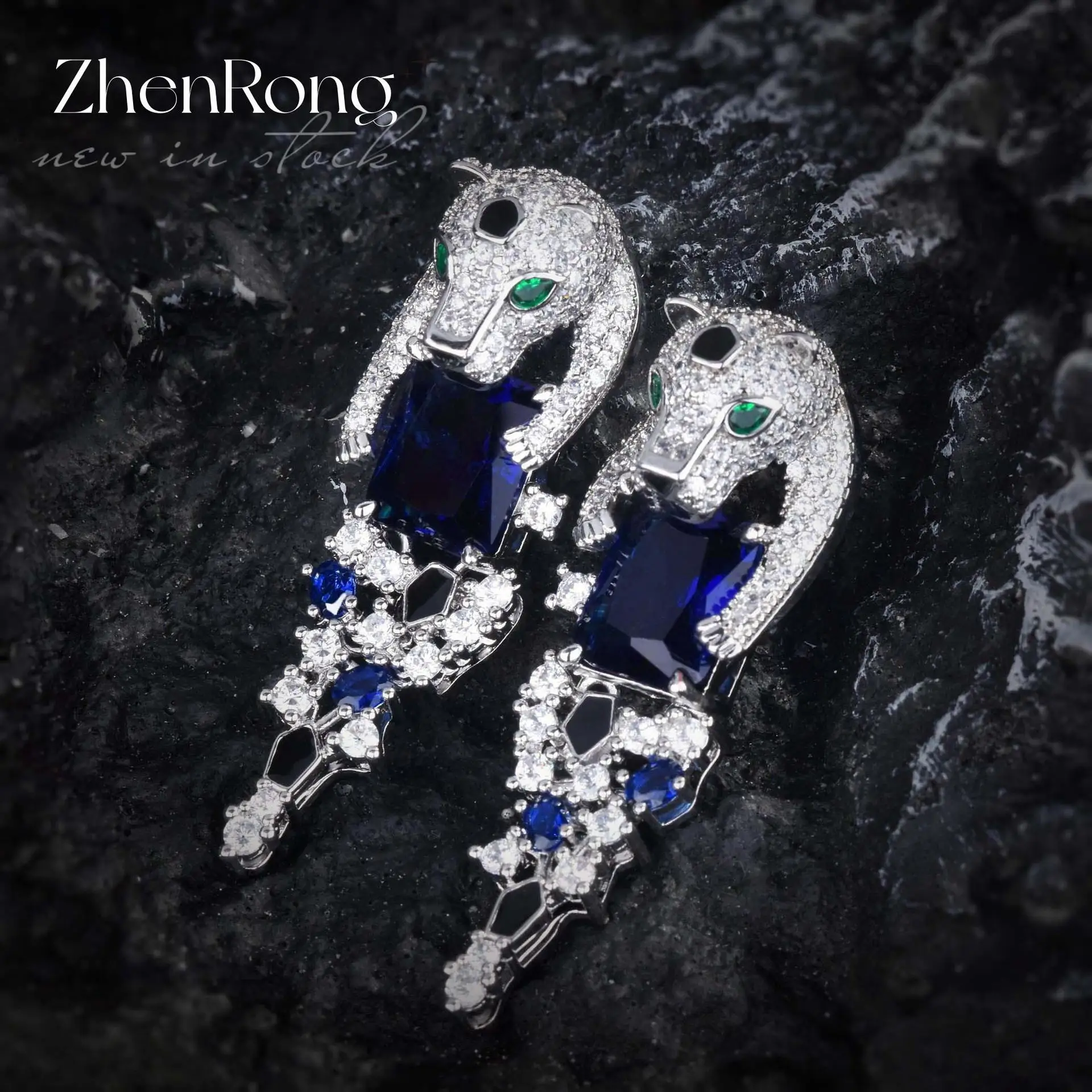Luxury Silver Color Earrings For Women Leopard Design Sparkling Blue Cubic Zirconia Dangle Earring New Trendy Fine Jewelry
