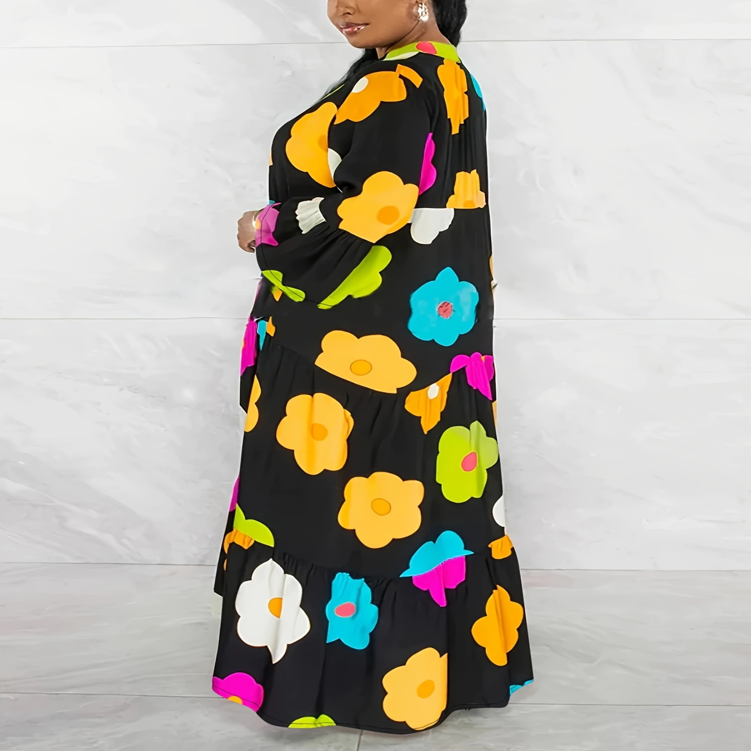 Plus Size Floral Haven Dress - Loose & Comfortable with Vibrant Prints Long Sleeve Button Front for Spring Fall Curvy Wome