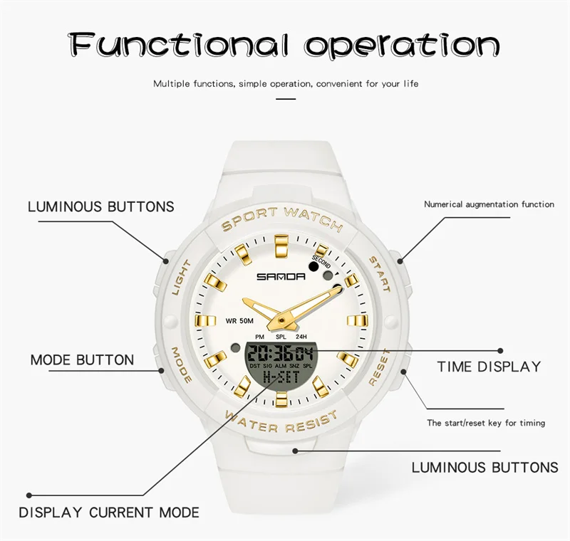 New SANDA 6005 Luxury White Fashion Sport Women's Watch Military Waterproof Multifunctional LED Digital Quartz Relogio Feminino enlarge