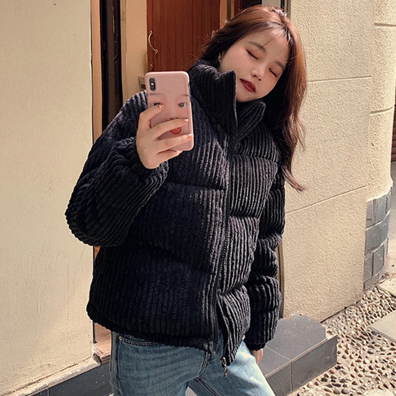 Women 2021 Stand Collar Black White Korean Style Solid Corduroy Jacket Winter Parkas Female Warm Cotton Padded Short Coats Woman