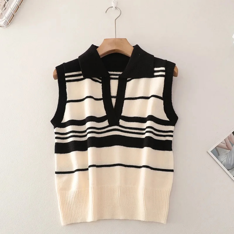 

Женский свитер с отложным воротником, жилет, винтажные полосатые повседневные майки без рукавов в Корейском стиле, женские топы