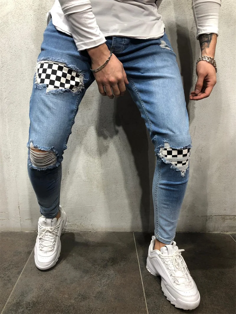 Fashion Black White Plaid Splicing Cloth Jeans Youth Men Casual Checkerboard Print Broken Holes  Four Seasons Pencil Denim Pants