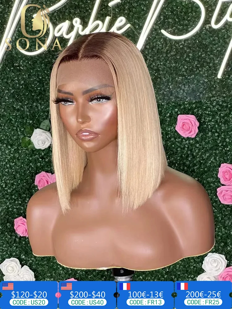 4/613 Ombre Honey Blonde Bob Wig For Women Short 4X4 13X4 13X6 HD Transparent Lace Front Frontal Human Hair Wigs with Brown Root