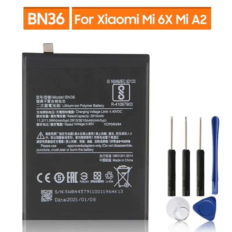 

2023New Replacement Battery ForXiaomi Mi 6X BN36 Rechargeable Phone Battery 3010mAh