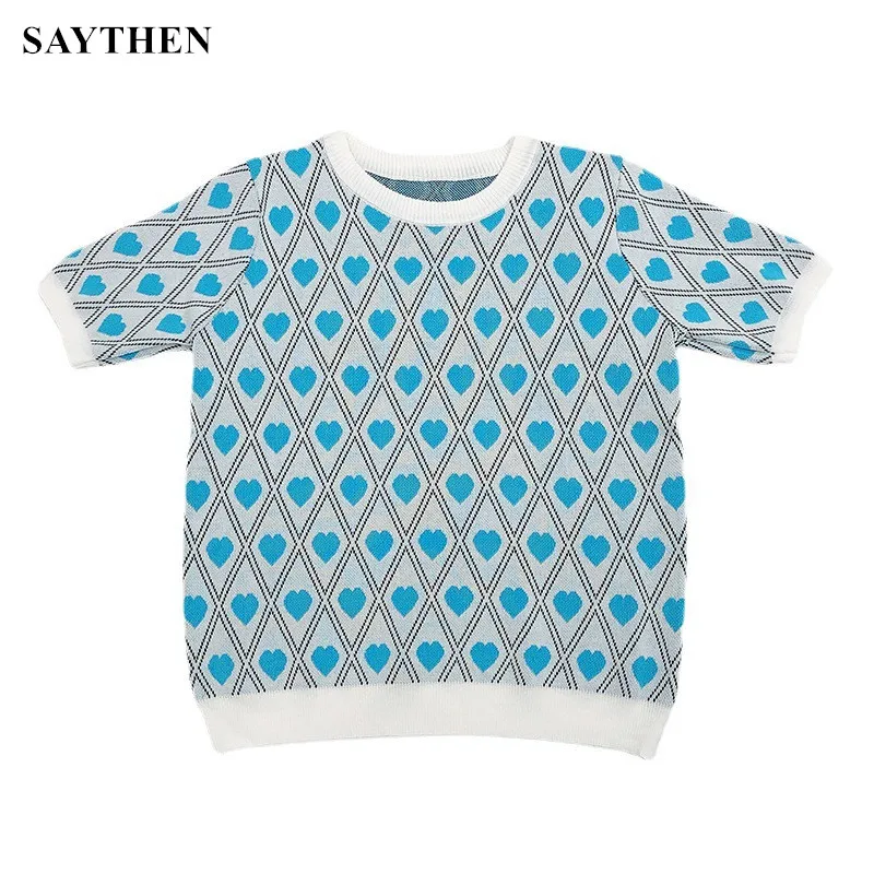 

SAYTHEN Short-Sleeved Knitted Sweater Women's Ice Silk Thin Section 2022 Summer Slim Fit Diamond-Shaped Heart-Shaped Women's Top